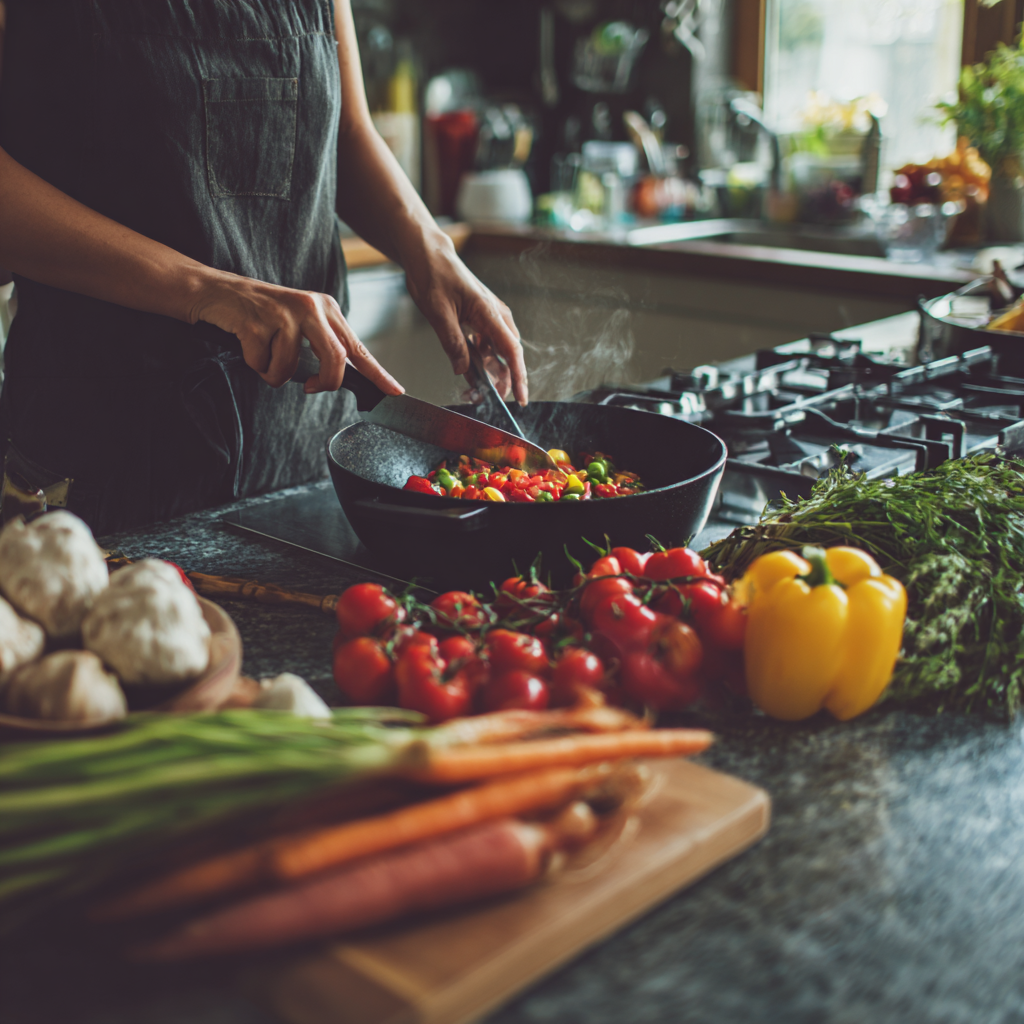 Middle-aged Ukrainian man cooking healthy meal with fresh vegetables, standing in bright kitchen with satisfied smile