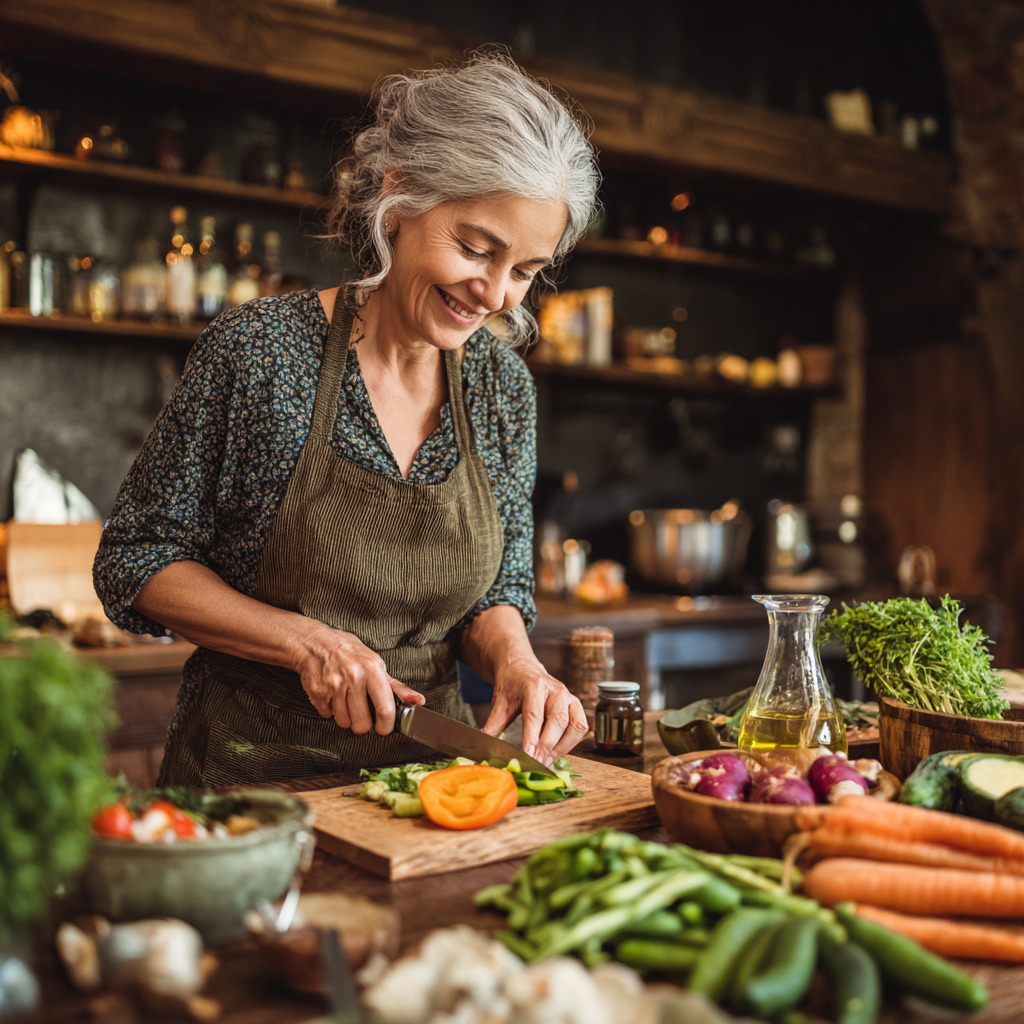 Elderly Ukrainian couple enjoying healthy meal together at dining table, both smiling while sharing nutritious colorful dishes